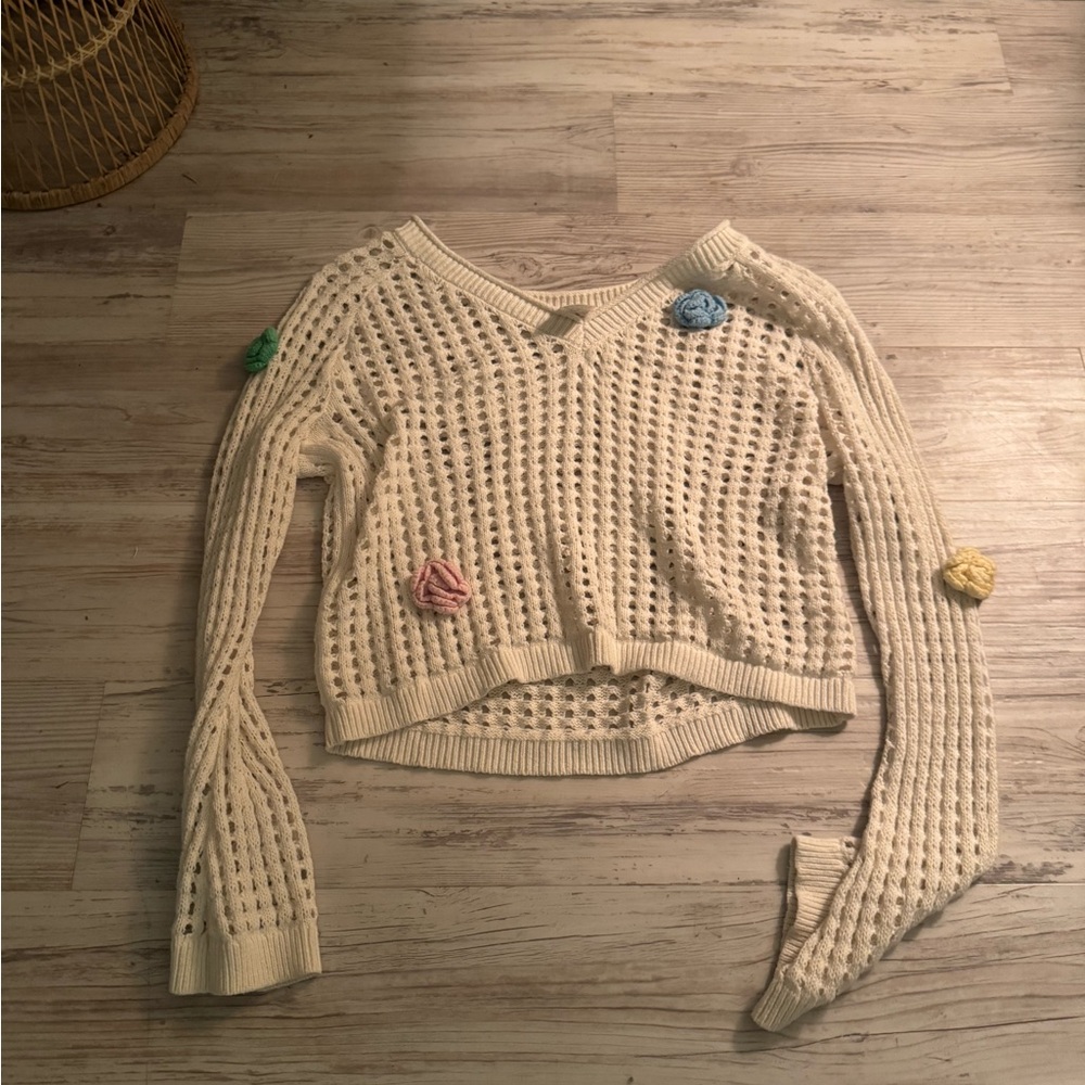 Cream Knit Women's Sweater with Floral Accents